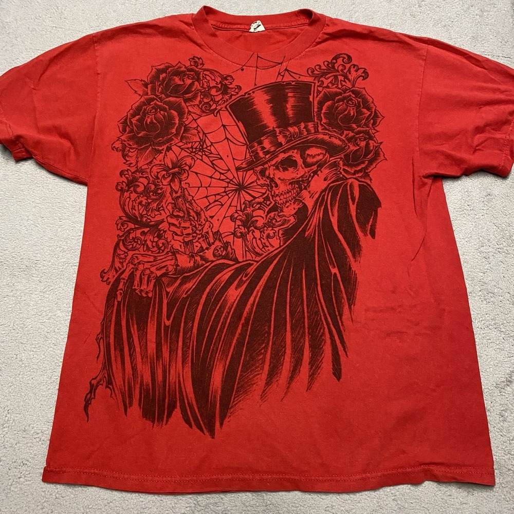 Skeleton T Shirt Mens Large Red Grunge Y2K Skull Graphic